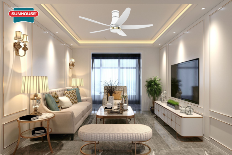Quạt trần SUNHOUSE APEX APF7680W trong không gian phòng khách nhỏ