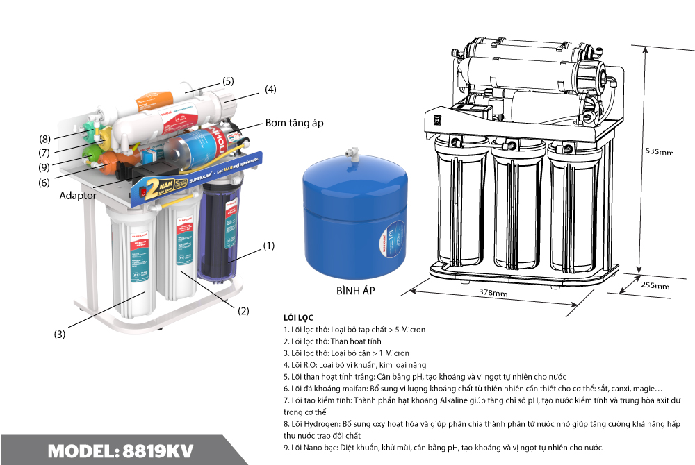 Máy lọc nước R.O không vỏ SUNHOUSE SHA8819KV 4