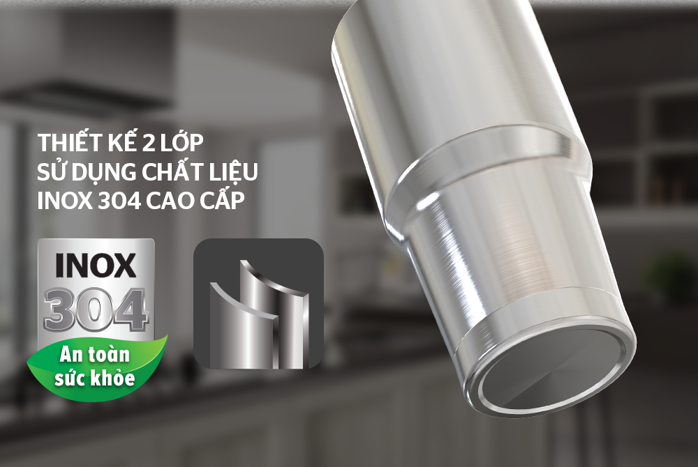 Thân bình cấu tạo 2 lớp bằng inox 304 cao cấp