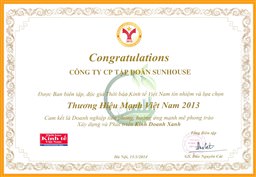 Tập đoàn SUNHOUSE đón nhận giải thưởng Thương hiệu mạnh Việt Nam 2013